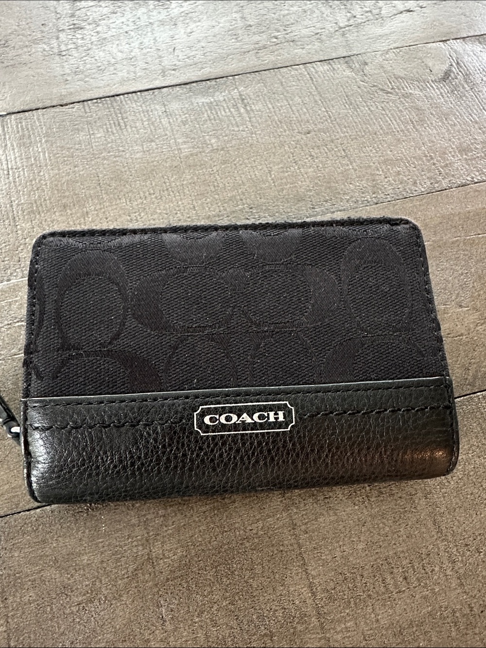 Coach Black Signature Compact Zip Wallet
